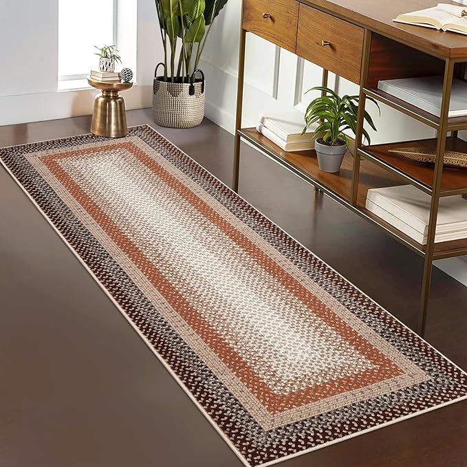 RUGSREAL Washable Runner Rug 2x8 Non Slip Braided Hallway Runner Mat Stain Resistant Kitchen Rug Farmhouse Printed Carpet Rustic Accent Runner for Living Room Bathroom Entryway, Brown/Rust
