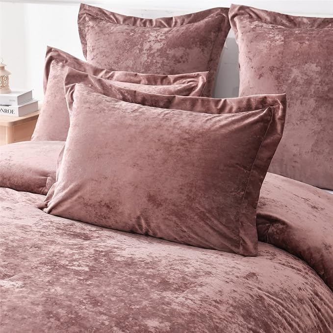 Fredsure Distressed Velvet Comforter Set, 5 Pieces Dusty Mauve King, Distressed Velvet Face and Brushed Microfiber Reverse