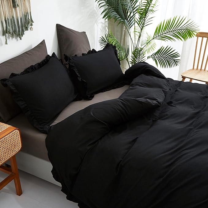 CLOTHKNOW Black Ruffle Comforter Set Full Size Bedding Comforter Sets Soft Farmhouse Shabby Chic Comforters with 2 x Pillow Cases