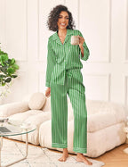 Ekouaer Womens Silk Satin Pajama Sets 2 Piece Sleepwear Pjs Set Long Sleeve Button Down Top and Pants Stripe Loungewear S-XXL