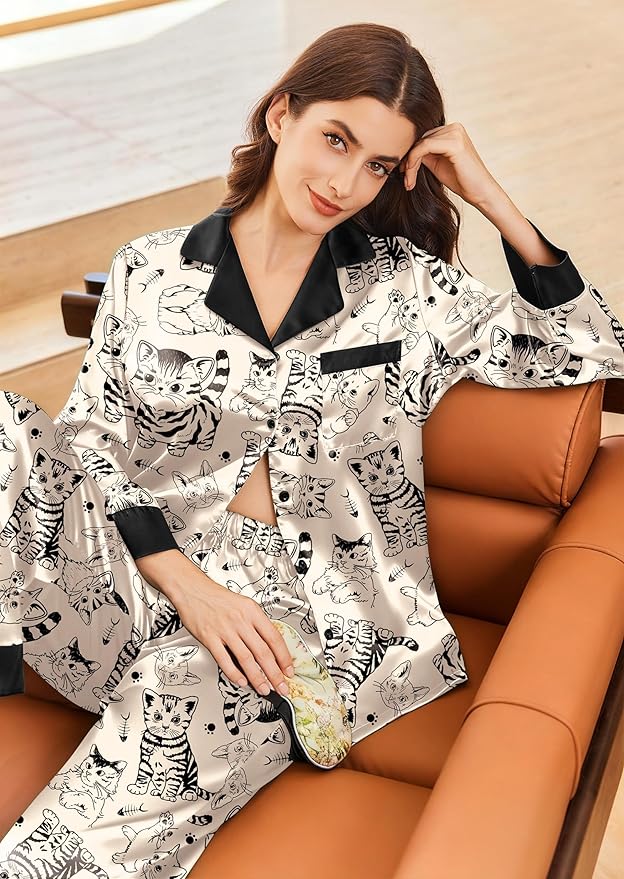 Ekouaer Silk Pajamas for Women Long Sleeve Satin Pajama Set Silky Pj Sets 2 Piece Button Down Loungewear Sleepwear