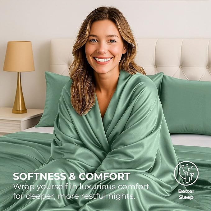 Satin Sheets King [4-Piece, Champagne Green] Hotel Luxury Silky Bed Sheets - Extra Soft 1800 Microfiber Sheet Set, Wrinkle, Fade, Stain Resistant - Deep Pocket Fitted Sheet, Flat Sheet, Pillow Cases