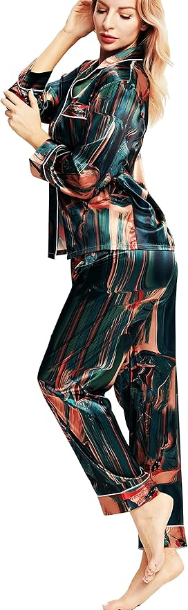 SIHA Satin Silk Pajamas for Women Pajama Set With Long Sleeve Button-Down Satin Pajamas Sleepwear XS-3XL
