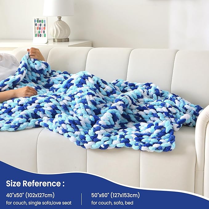 Mooreeke Chunky Knit Blanket 40"x50", Soft Chenille Throw Blanket Cozy 100% Handmade Crochet Gift Blankets with Jumbo Chenille Yarn for Couch Bed Sofa Room Decor - Blue and White