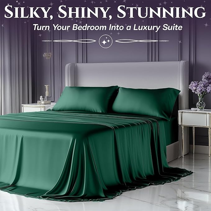 SLEEP SANCTUARY Satin Sheets Full Size – 4 Piece Luxury Silky Bed Set, Softer Than Silk, 15" Deep Pocket, Cooling & Wrinkle-Free, Moisture-Wicking & Breathable for Hair & Skin (Dark Green)