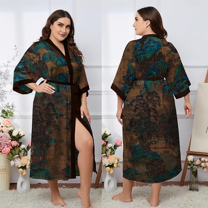 Kihnop Women's Floral Long Kimono Robe Long Satin Robe Long Silk Robe Ladies Kimonos Silky Bathrobe Cover Up, One Size