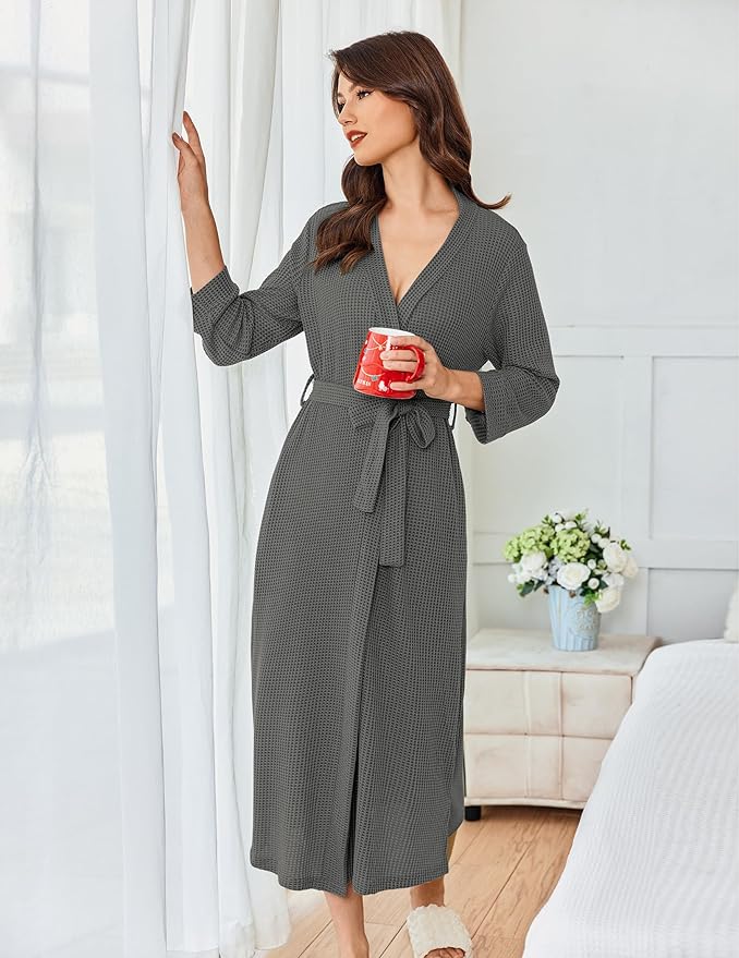 Ekouaer Women's Robe Long Waffle Knit Bathrobe Lightweight Soft Kimono Robes Loungewear S-XXL