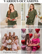Silk Pajamas for Women Short Sleeve Satin 2 Piece Pj Set Soft V Neck Sleepwear Loungewear, S-XXL