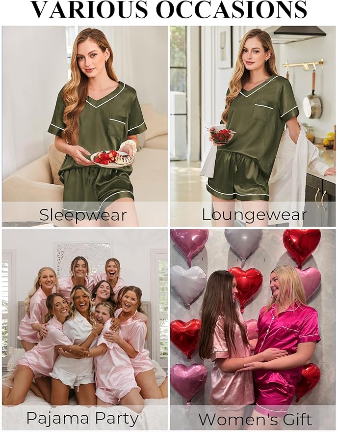Silk Pajamas for Women Short Sleeve Satin 2 Piece Pj Set Soft V Neck Sleepwear Loungewear, S-XXL