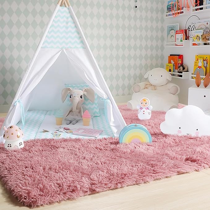 Amdrebio Blush Pink Area Rugs for Girls Bedroom Kids Room, 5x7 Fuzzy Furry Fluffy Kawaii Rugs for Living Room Playroom, Shaggy Plush Shag Carpet for Nursery Dorm Classroom, Cute Dusty Rose Mauve Rug