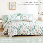 ALEISSEL Botanical Cotton Comforter Twin Size 2Pcs - Cute Garden Floral Design with Green Leaves & Coral and Pink Flowers,Sage Striped Reverse,Lightweight Reversible Bedding Sets(Twin,68"×90")