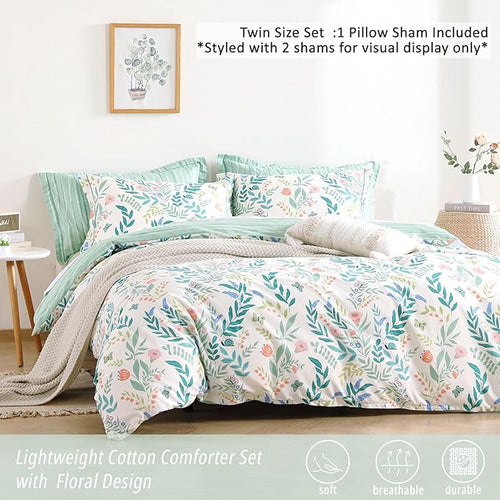 ALEISSEL Botanical Cotton Comforter Twin Size 2Pcs - Cute Garden Floral Design with Green Leaves & Coral and Pink Flowers,Sage Striped Reverse,Lightweight Reversible Bedding Sets(Twin,68"×90")