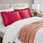 Silky Satin Ruffled Pillow Cases for Hair and Skin,Wine Red Silk Pillowcases Queen Set of 2 with Envelope Closure Princess Room Decoration