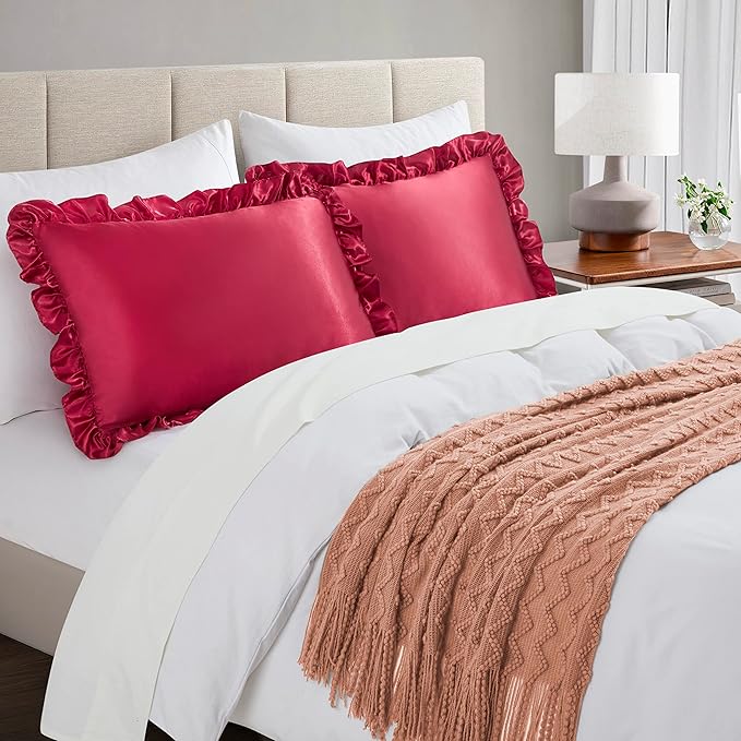 Silky Satin Ruffled Pillow Cases for Hair and Skin,Wine Red Silk Pillowcases King Set of 2 with Envelope Closure Princess Room Decoration