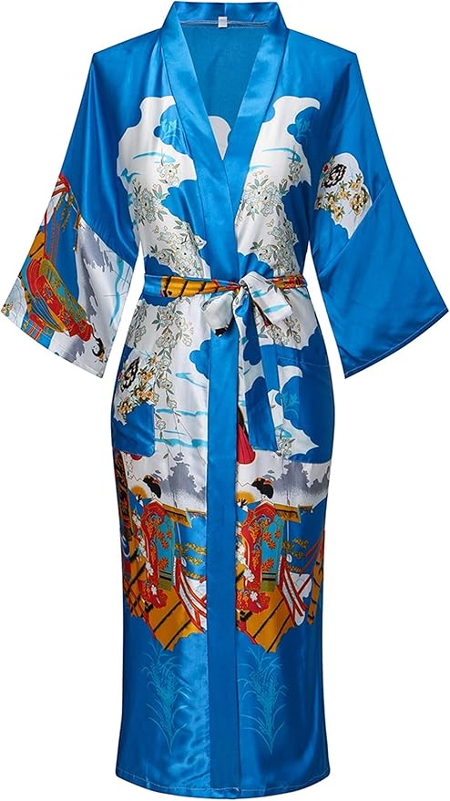 Valennia Women Long Silky Bathrobe Satin Kimono Robe Floral Printed Dressing Gown Sleepwear