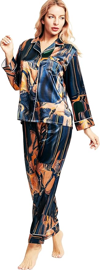 SIHA Satin Silk Pajamas for Women Pajama Set With Long Sleeve Button-Down Satin Pajamas Sleepwear XS-3XL