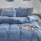Luxlovery Blue Velvet Queen Fluffy Plush Bedding Haze Blue Sherpa Micromink Blanket Quilts Soft Heavyweight Winter Warm Comforter Set