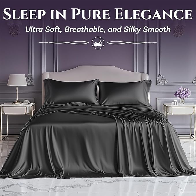 SLEEP SANCTUARY Satin Sheets King Size – 4 Piece Luxury Silky Bed Set, Softer Than Silk, 15" Deep Pocket, Cooling & Wrinkle-Free, Moisture-Wicking & Breathable for Hair & Skin (Stone Grey)