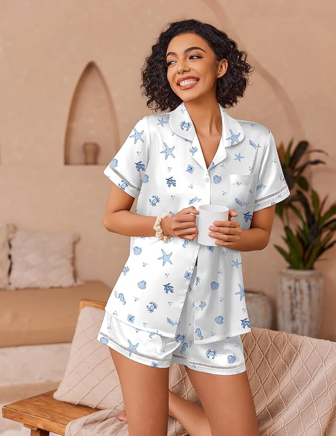 Ekouaer Womens Silk Pajama Sets Button Up Satin Pjs Short Sleeve 2 Piece Pj Sets Cute Lounge Sets with Chest Pocket