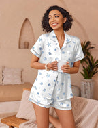 Ekouaer Womens Silk Pajama Sets Button Up Satin Pjs Short Sleeve 2 Piece Pj Sets Cute Lounge Sets with Chest Pocket