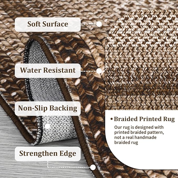 RUGSREAL 3x5 Area Rug, Washable Rug for Bedroom Braided Printed Throw Mat, Living Room Rug Non Slip Stain Resistant Small Dining Room Carpet, Rustic Accent Small Carpet for Entryway Home Decor, Brown