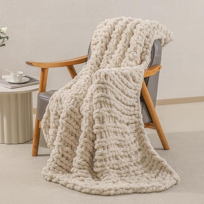 bearberry Chunky Knit Throw Blanket 60x80 Inches Handmade, Soft Jumbo Chenille Yarn with Cable Rope Knot Design | Thick Cozy Large Blanket for Couch, Sofa, Bed & Living Room Home Decor | Beige