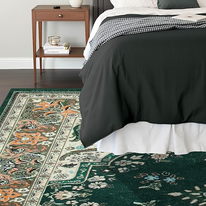 CRYPTOLITE Vintage Area Rug 5x8 Rugs, Machine Washable Vintage Area Rug Non-Slip Low Pile Large Rug for Living Room, Bedroom, Farmhouse, Dining Room, Green