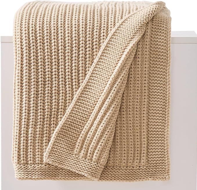 Beige Throw Blanket for Couch Chunky Knit Soft Cozy Thick Cable Knitted Throw for Sofa Bed Cute Decorative Blanket for Living Room,50"x 60",Ginger Beige