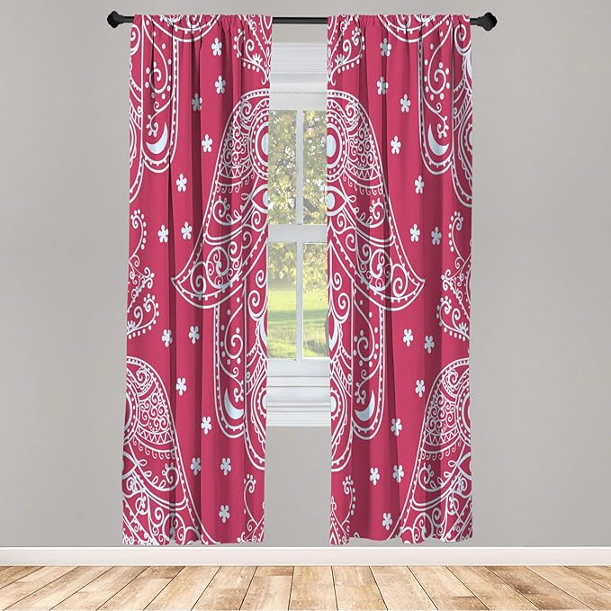 Lunarable Hamsa Window Curtains, Egyptian Boho Hand Shape Pattern Eye Design Bridal Night Inspired Art, Lightweight Decorative 2-Panel Set & Rod Pocket, Pair of - 28" x 63", Pale Ruby