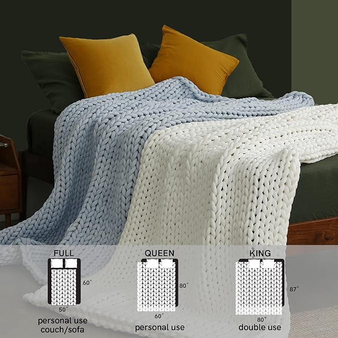 YnM Cooling Weighted Blanket, Handmade Chunky Yarn Knitted Design, Temperature Regulating and Breathable, Machine Washable Throw for Sleep or Home Decor (White, 60x80 Inch, 15lbs)