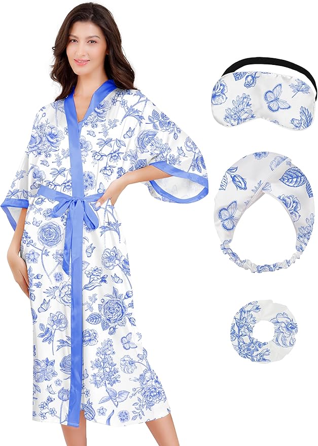 EPLAZA Silk Robes for Women Satin Robe Long Sexy Print Flower Kimono Loungewear Wedding Bridal Party