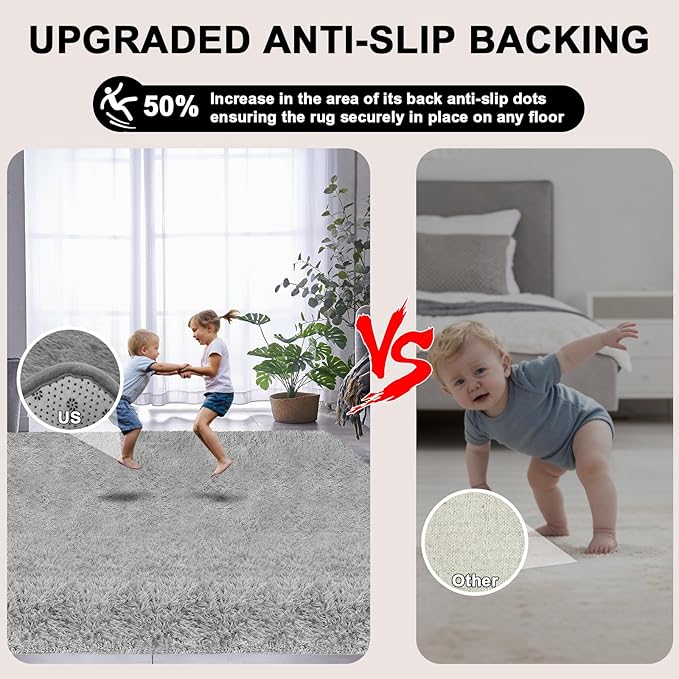 Shag Area Rugs for Living Room Bedroom, Upgrade Non-Slip 4x6 ft Ultra Soft Fluffy Shaggy Bedside Rug, Indoor Floor Carpet for Kids Girls Boys, Dorms, Nursery Rooms, Home Decor Aesthetic, Light Grey