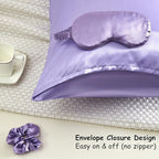 Purple Satin Pillowcase for Hair and Skin, Super Soft Vegan Silk Sleep Set-2 Satin Pillow Cases Standard Size, 1 Eye Mask, 1 Scrunchie, Self Care Essential Satin Night Routine Kit