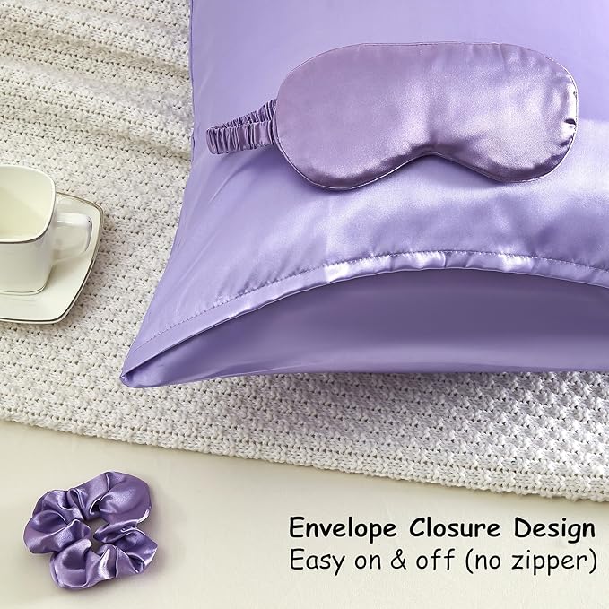 Purple Satin Pillowcase for Hair and Skin, Super Soft Vegan Silk Sleep Set-2 Satin Pillow Cases Standard Size, 1 Eye Mask, 1 Scrunchie, Self Care Essential Satin Night Routine Kit