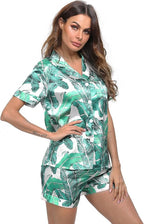 SWOMOG Womens Silk Satin Pajamas Set Short Sleeve Sleepwear Button Down Top and Shorts Loungewear 2 Piece Pjs Set XS-3XL