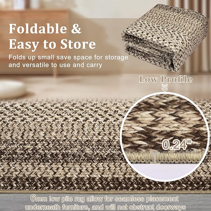 RUGSREAL Washable Rugs 5x7 Living Room Boho Throw Rug Stain Resistant Braided Print Border Large Carpet for Bedroom with Rubber Backing Low Pile Farmhouse Rustic Rug for Home Decor Office, Camel