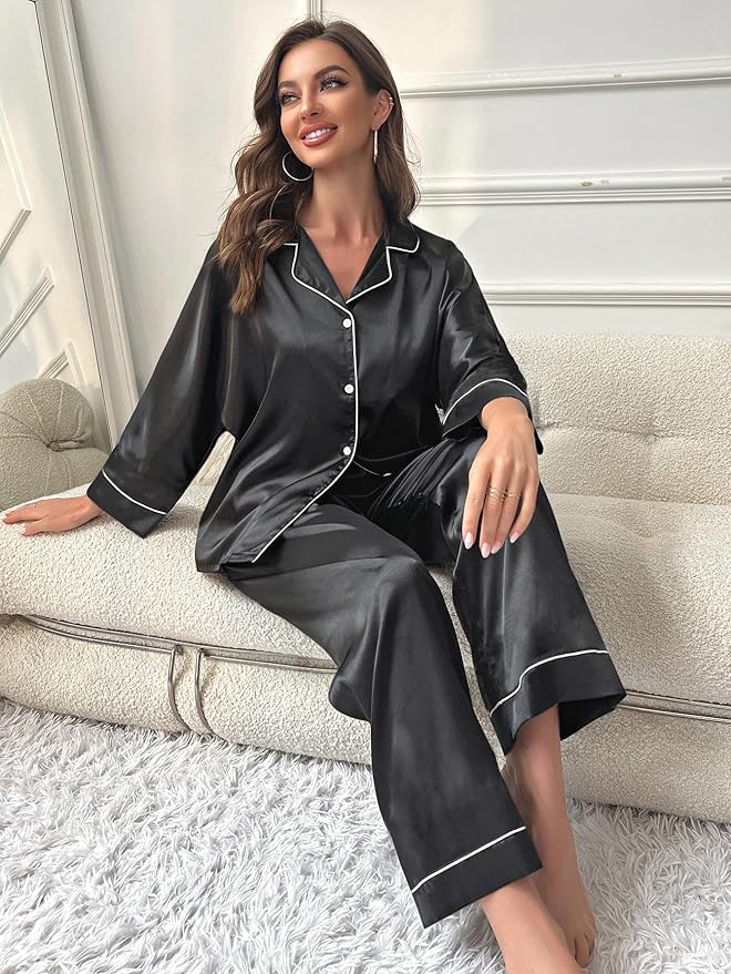 WJing Yi Jia 5Pcs XS-XXL Womens Silk Satin Pajamas Sets Long Pj Sets Button Down Pjs Set Loungewear Sleepwear