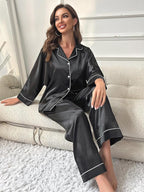 WJing Yi Jia 5Pcs XS-XXL Womens Silk Satin Pajamas Sets Long Pj Sets Button Down Pjs Set Loungewear Sleepwear