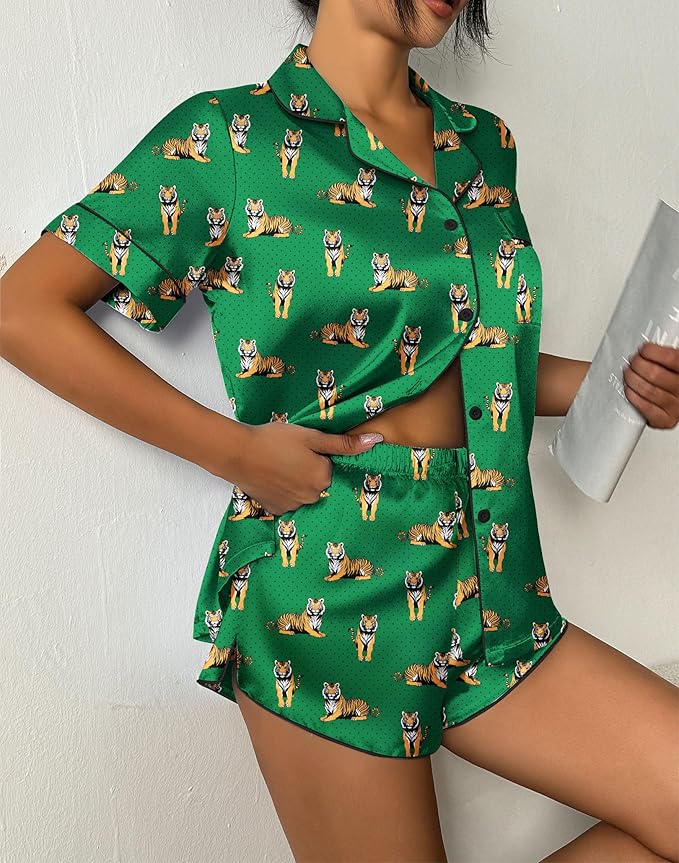 Ekouaer Womens Silk Satin Pajama Set Print Short Sleeve Sleepwear Button Down Pjs Shorts Set Loungewear