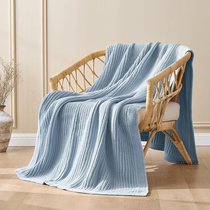 Chunky Knit Blue Throw Blanket for Couch Soft Cozy Large Thick Knitted Throw Blankets for Sofa Bed Cute Decorative Throw Blanket for Living Room,60"x 80",Light Blue
