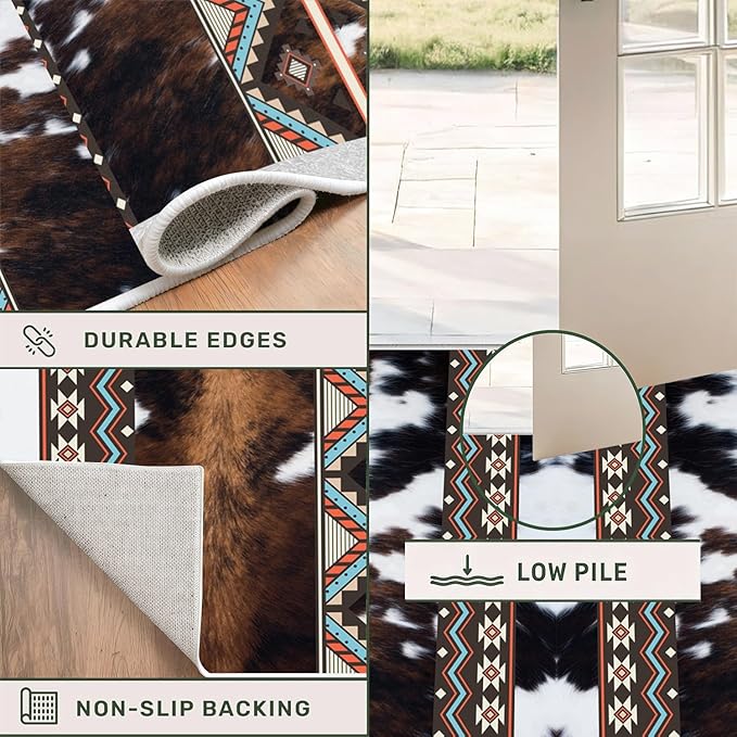 Western Cow Hide Kitchen Runner Rugs,2.6x7ft,Rustic Brown Cowprint Rugs,Southwestern Aztec Native American Rug,Faux Fur Animal Print Cabin Runner Rug,Soft Non-Slip for Bedside Hallway Entryway