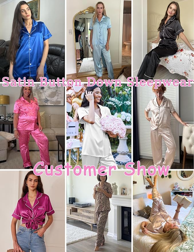 Ekouaer Womens Silky Satin Pajamas Set Short Sleeve Button Down Sleepwear 2 Piece Lounge Set Pj Set