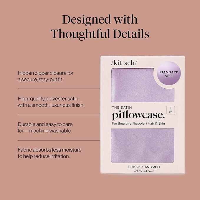 Kitsch Satin Pillowcase with Zipper for Hair & Skin - Softer Than Silk Pillow Cases, Smooth Cooling Satin Pillow Case, Wrinkle-Free, Machine Washable, Pillow Cases Standard Size 19x26 - Lavender