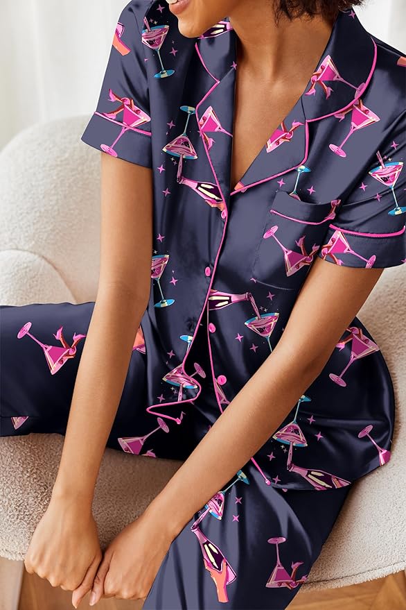Ekouaer Silk Satin Pajamas Set Women Short Sleeve Sleepwear Soft Button Down Loungewear Pjs Set