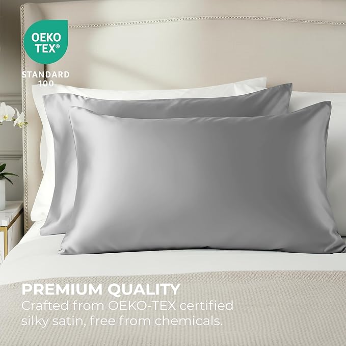Satin Pillowcase 2 Pack - Queen Size (20"x30", Grey) - Silky Pillow Cases for Hair and Skin - Satin Pillow Covers with Envelope Closure - Extra Soft Premium Microfiber