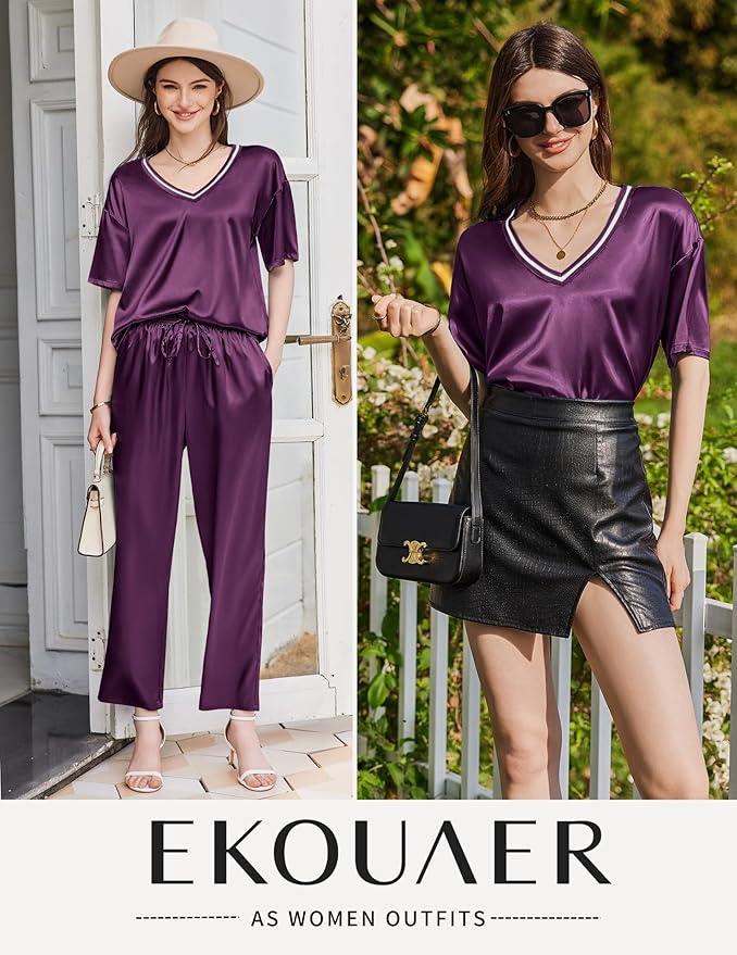 Ekouaer Satin Pajama Set for Women Short Sleeve Silky Pjs 2 Piece Lounge Sets Soft Comfy Sleepwear Loungewear S-XXL