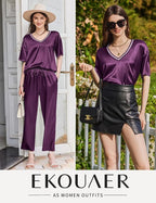 Ekouaer Satin Pajama Set for Women Short Sleeve Silky Pjs 2 Piece Lounge Sets Soft Comfy Sleepwear Loungewear S-XXL