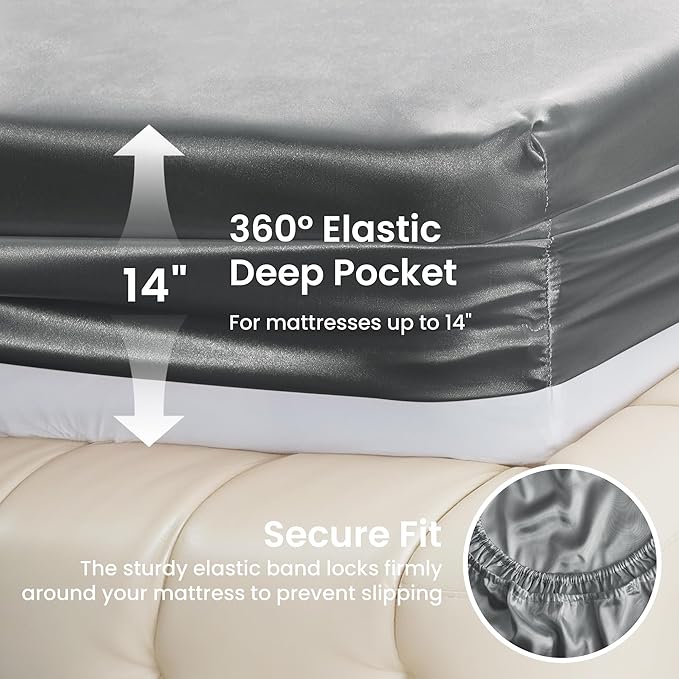 Love's cabin Twin XL Satin Sheet Sets - 3 Piece Dark Grey Silky Bed Sheets with Deep Pockets, Luxury Silk Feel Satin Sheet Set Twin XL (1 Flat Sheet,1 Fitted Sheet,1 Pillow case)