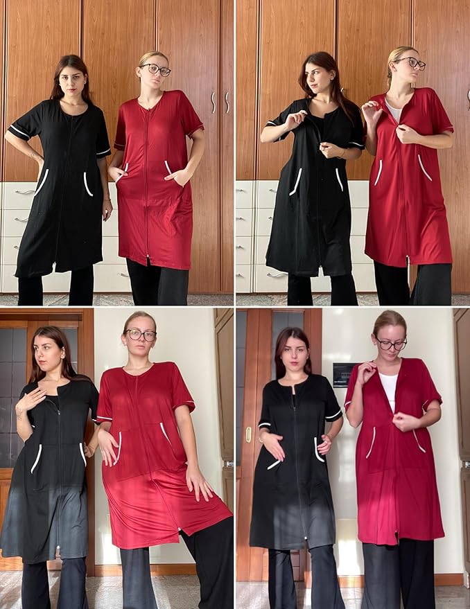 Ekouaer Women Zipper Robe Short Sleeve Duster Housecoat Short Bathrobes Zip Front Nightgown with Pockets S-3XL