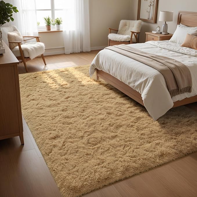 Fluffy Area Rugs for Bedroom Decor Aesthetic, 8x10 Large Beige Shag Rug with Non-Slip Backing for Living Room, Fuzzy Plush Carpet Washable Rug Modern Home Decor for Kids Nursery Boys Room